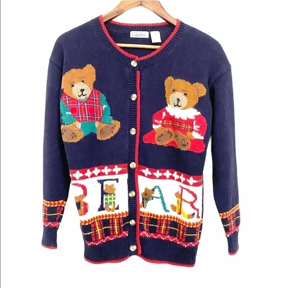 Vintage Christmas Bear Button Cardigan Sweater - Picture 1 of 10